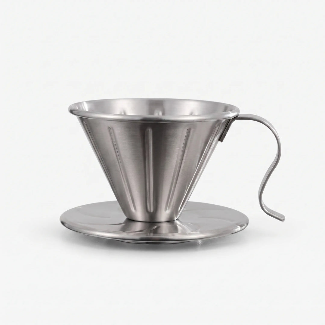 Ribbed pour-over coffee dripper for manual brewing. Stainless steel filter for rich, home barista coffee.
