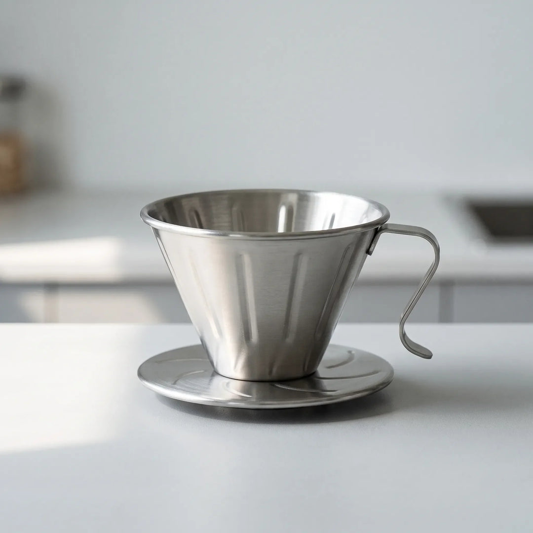 Close-up of a ribbed stainless steel pour-over coffee dripper, perfect for manual brew coffee filters.