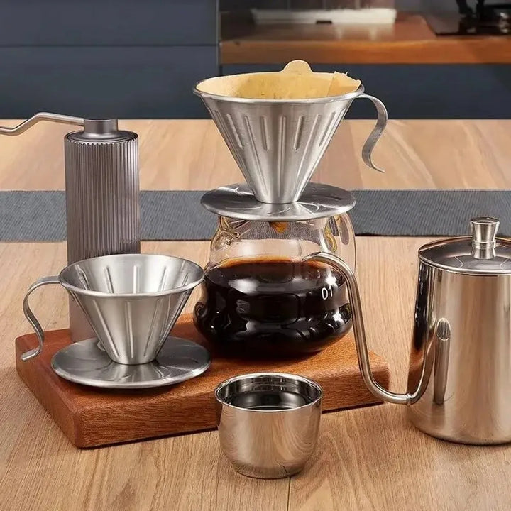 Modern ribbed pour-over coffee filter for manual brewing. Durable stainless steel dripper for daily coffee.