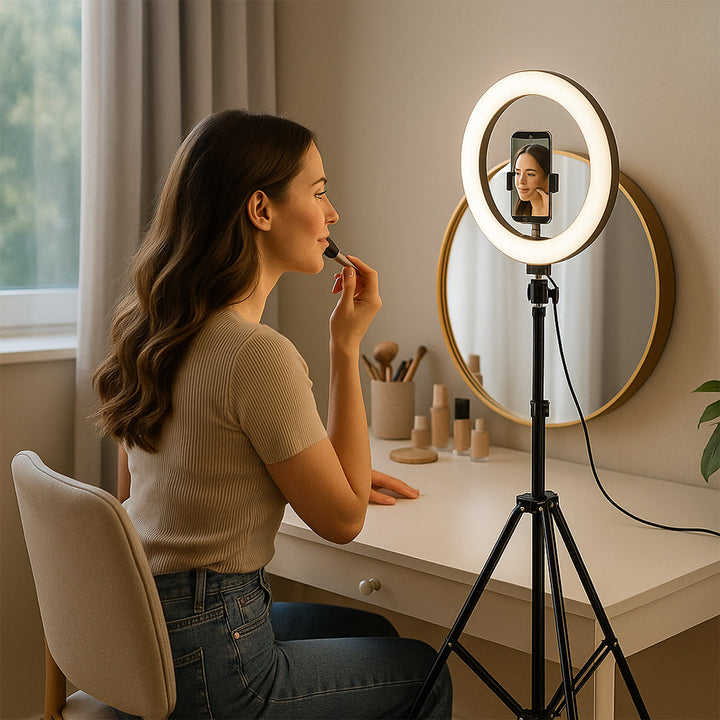 Professional 10-inch LED ring light with adjustable stand for photography, video, and streaming.