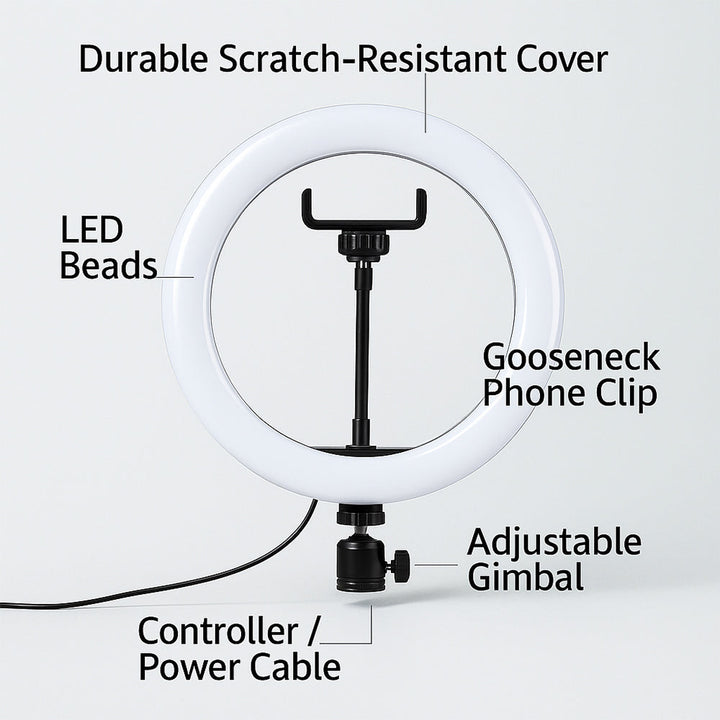 Professional 10-inch photography ring light with stand, ideal for portrait photography and content creation.