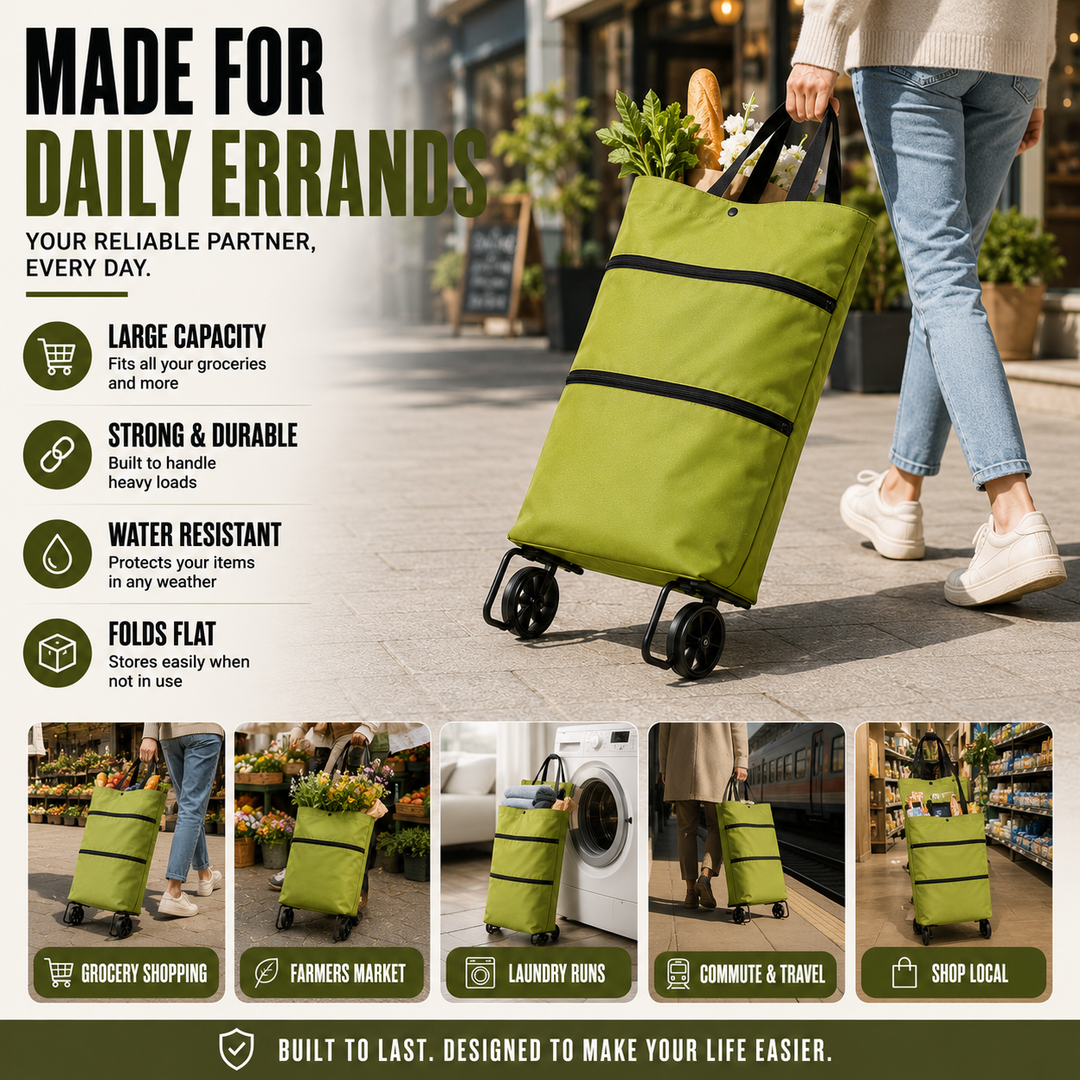 Convenient foldable utility cart with wheels. A portable hand cart for all your shopping & transport needs.