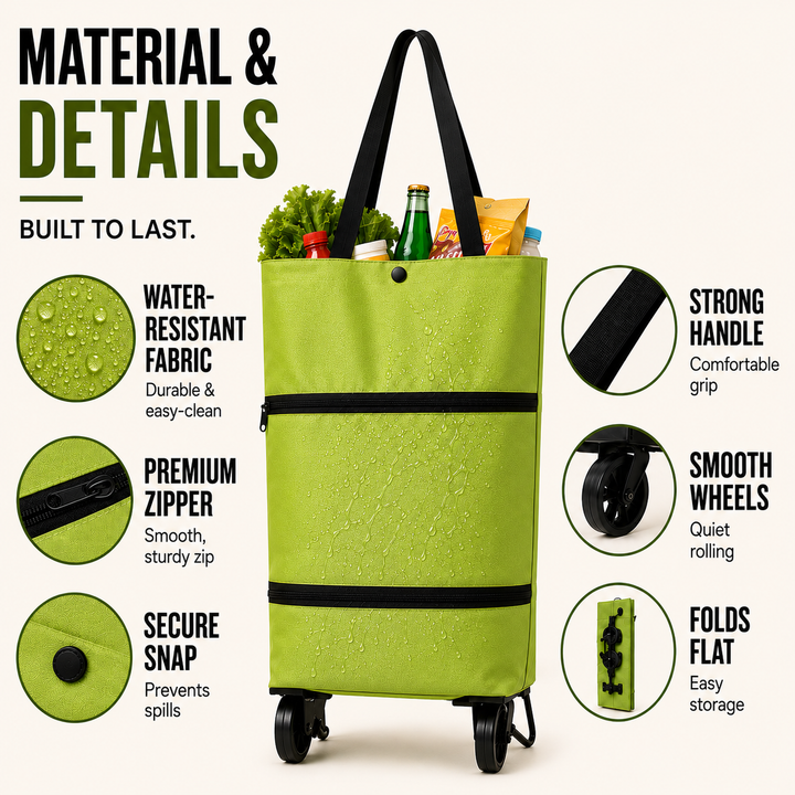 Simplify errands with this portable foldable grocery trolley. Wheeled design for easy shopping.