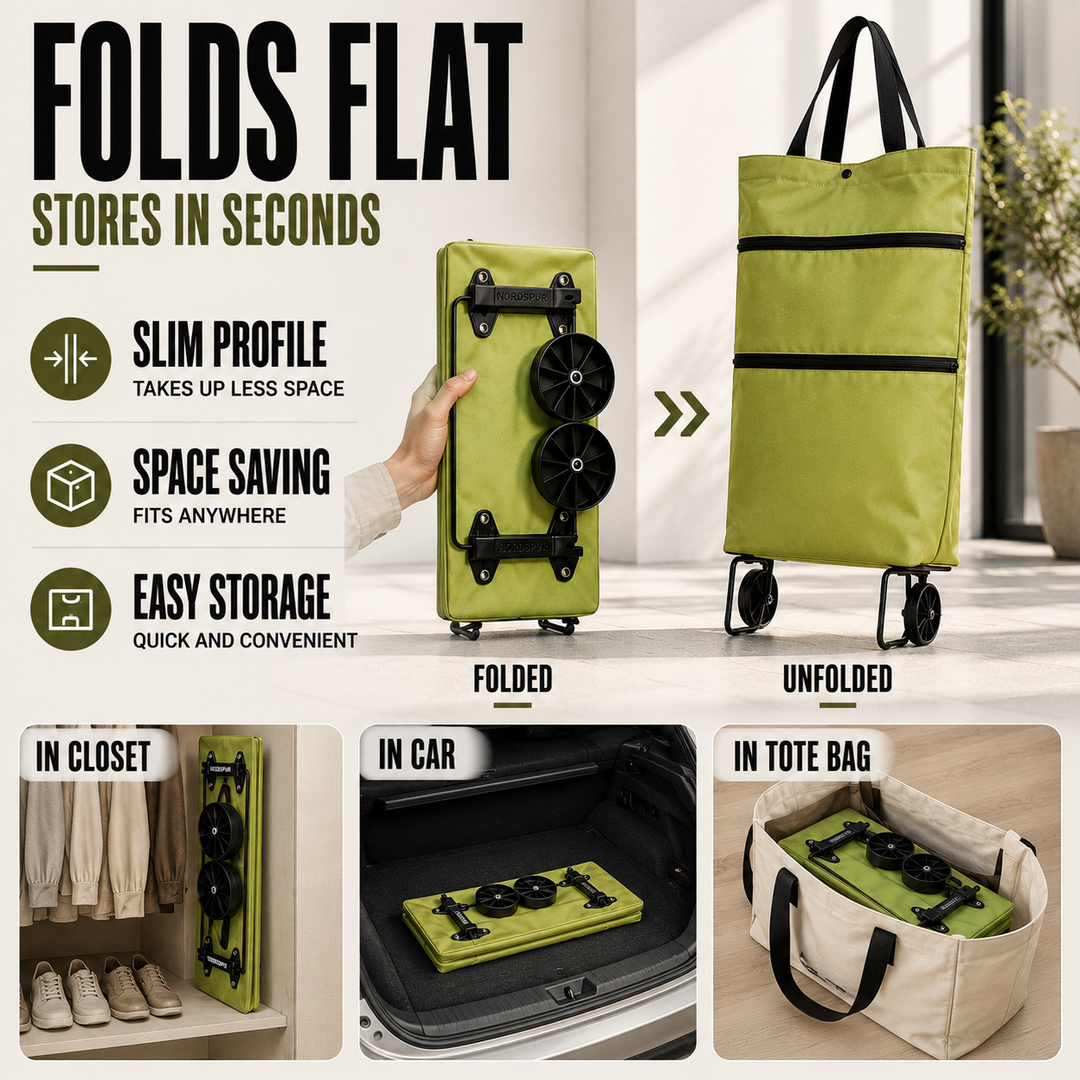 Durable foldable wheeled shopping cart, ensuring effortless transport of groceries. Portable and strong.