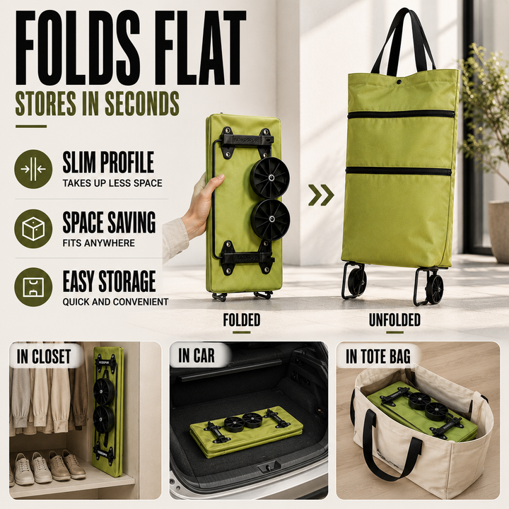 Durable foldable wheeled shopping cart, ensuring effortless transport of groceries. Portable and strong.