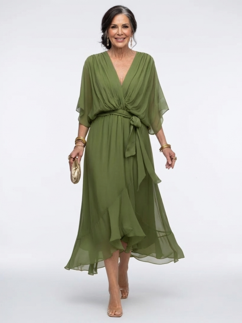 Women's elegant draped waist tie midi dress with short sleeves, perfect for various occasions.