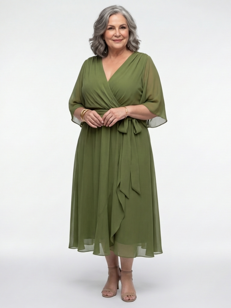 Flattering women's short sleeve midi dress with a chic draped design and a defining waist tie for a sleek silhouette.