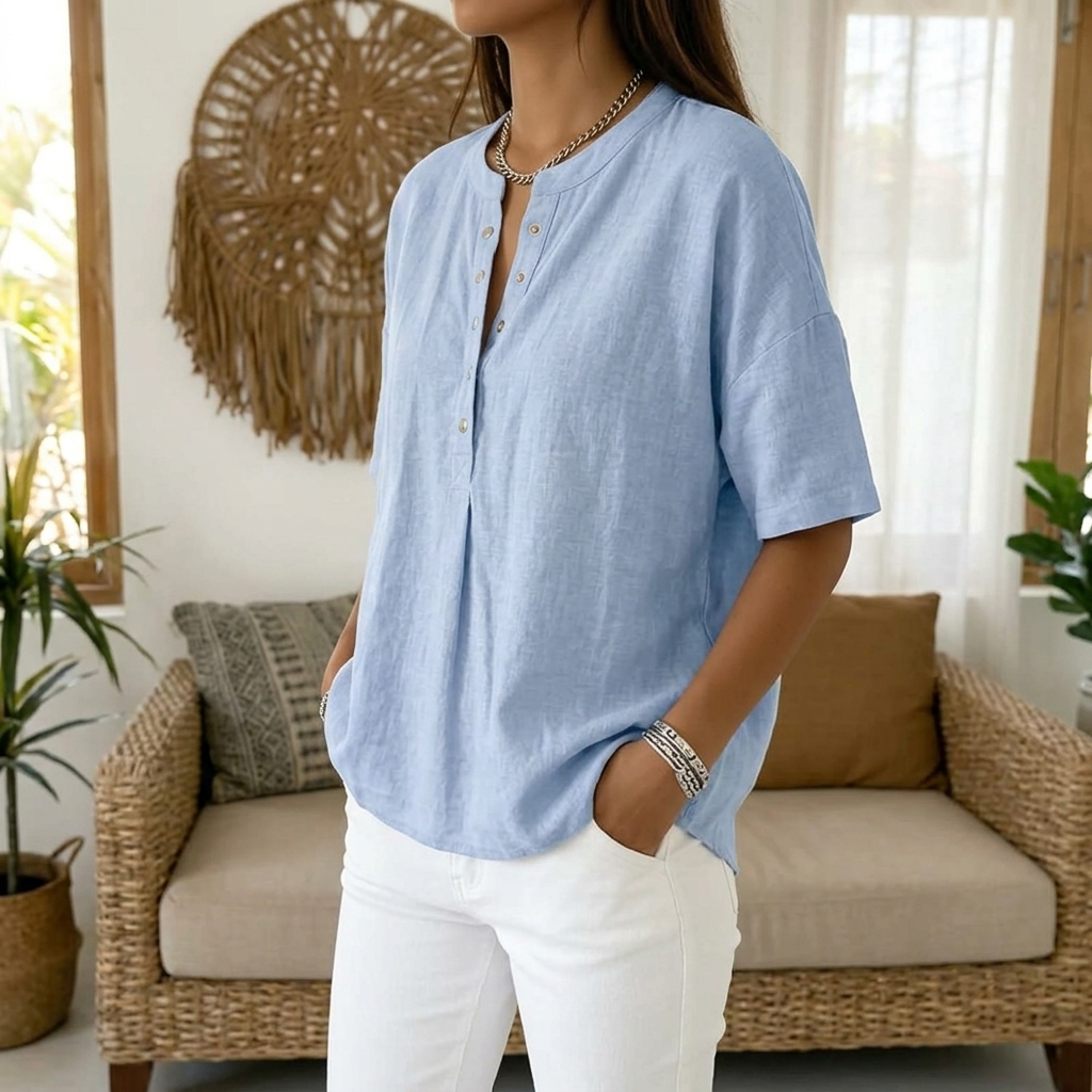 Women's Relaxed Fit Henley Blouse in light blue, perfect for casual summer wear & everyday style.