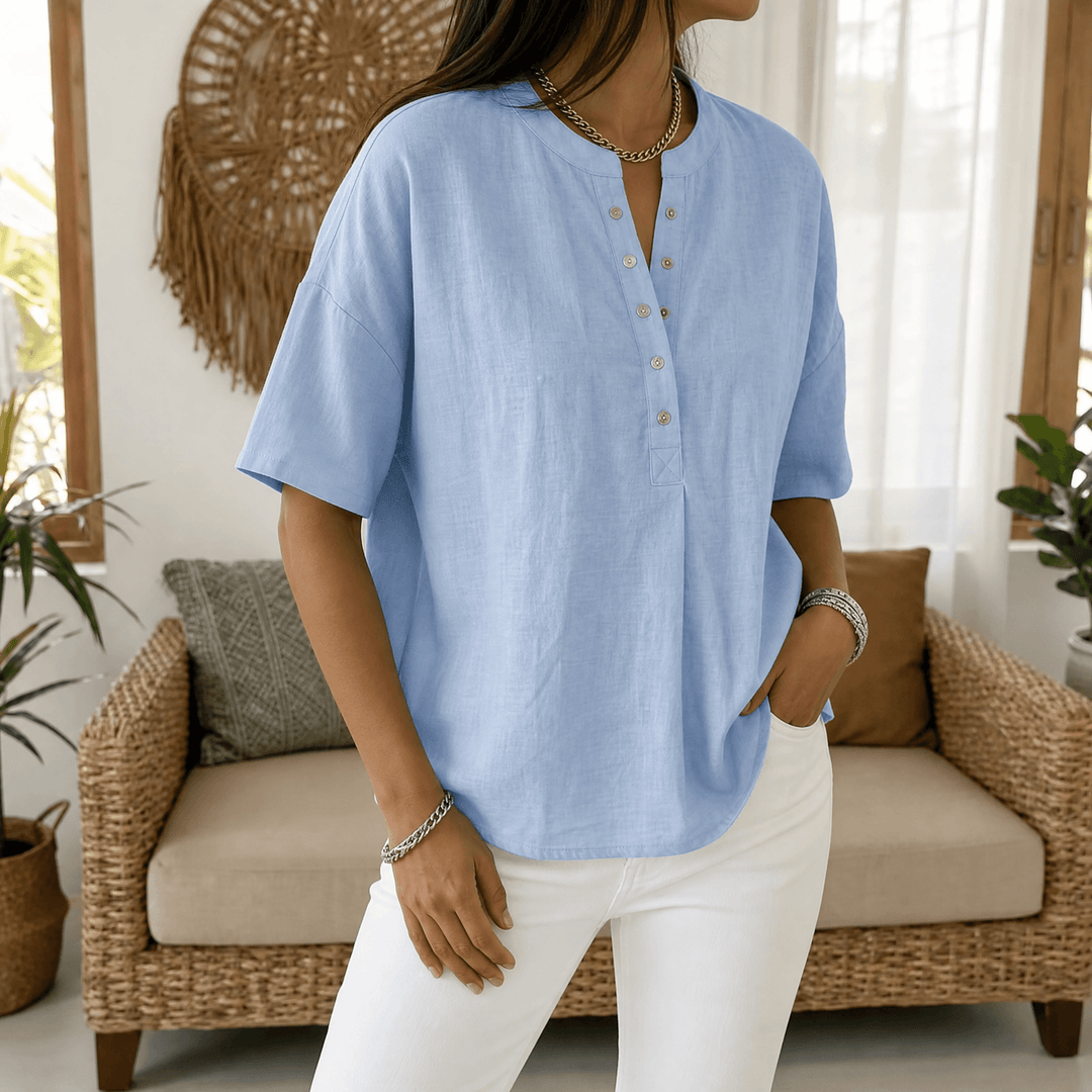 Mustard relaxed fit women's Henley blouse, a comfortable and stylish top for daily wear.