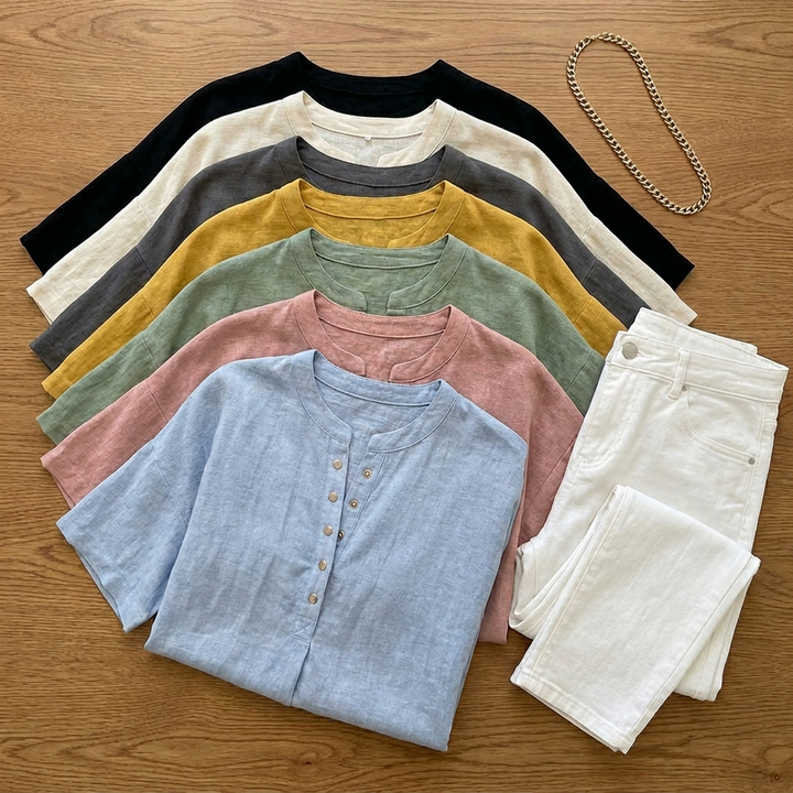 Dark grey relaxed fit Henley blouse, a comfortable women's top for versatile casual style.