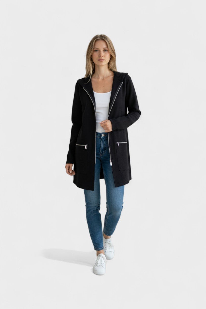 Grey open front women's blazer, long sleeve. Versatile layering piece for professional style.