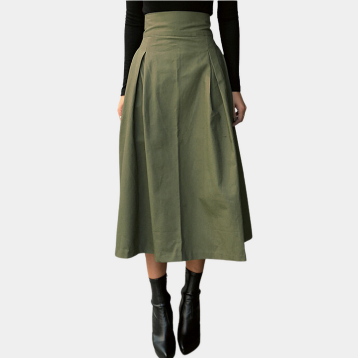 Women's high-waisted pleated A-line midi skirt, perfect for elegant workwear or chic casual fashion.