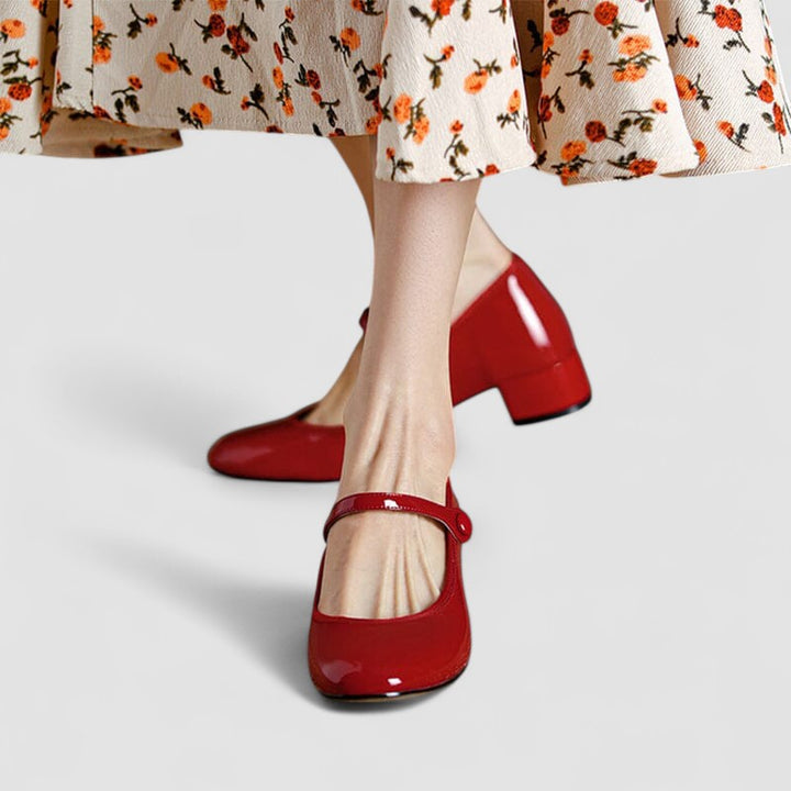Elegant red block heel Mary Jane shoes for women, featuring a comfortable ankle strap, perfect for fashion.