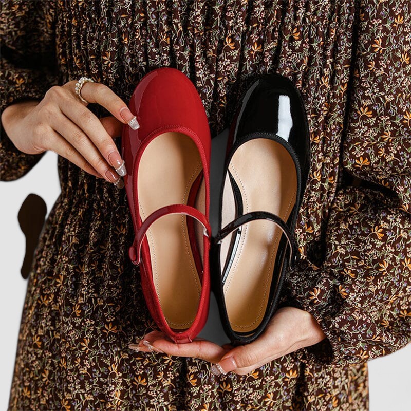 Side profile of women's block heel Mary Jane shoes, showcasing elegant design, timeless style, & comfort.