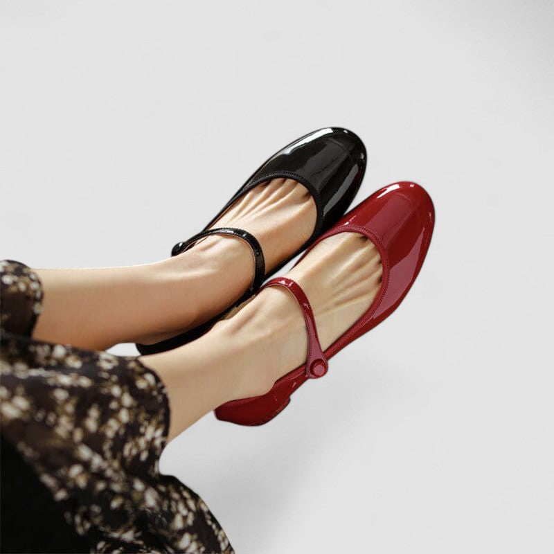 Front view of women's timeless block heel Mary Jane dress shoes, a classic and elegant footwear choice.