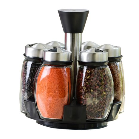Rotating spice rack with 6 clear glass jars, perfect for kitchen countertop organization & easy access to seasonings.