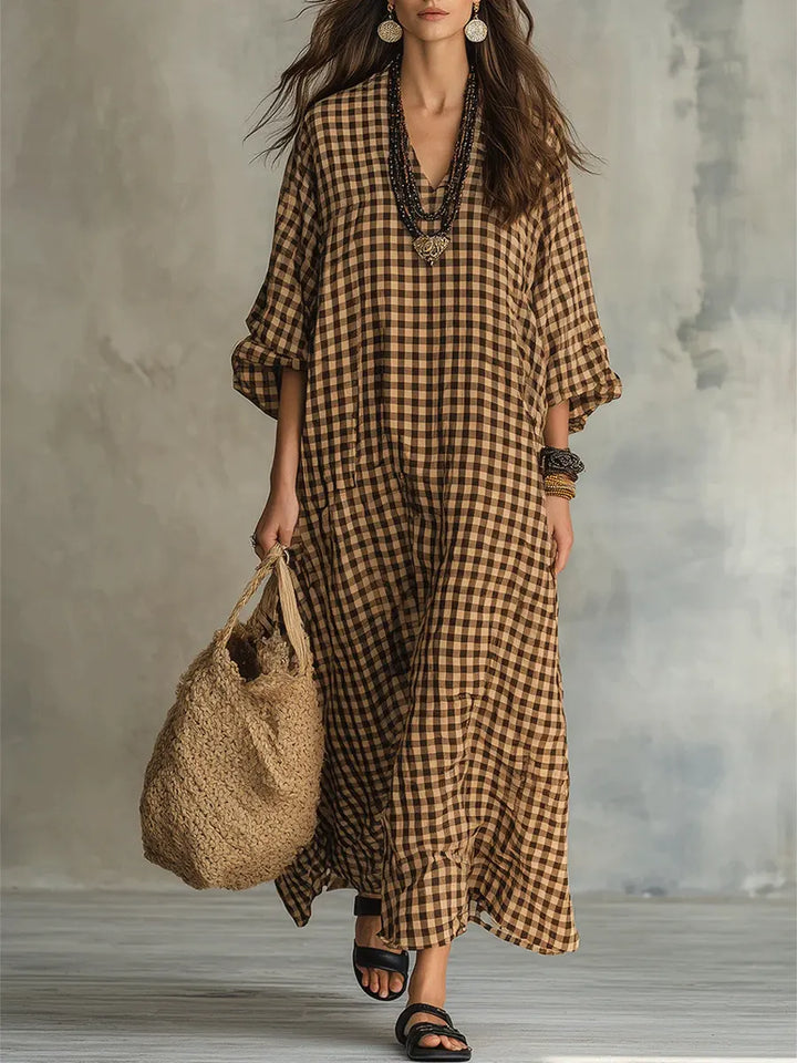Women's Effortless Gingham Maxi Dress; flowy, comfortable & casual summer dress with V-neck & bishop sleeves.