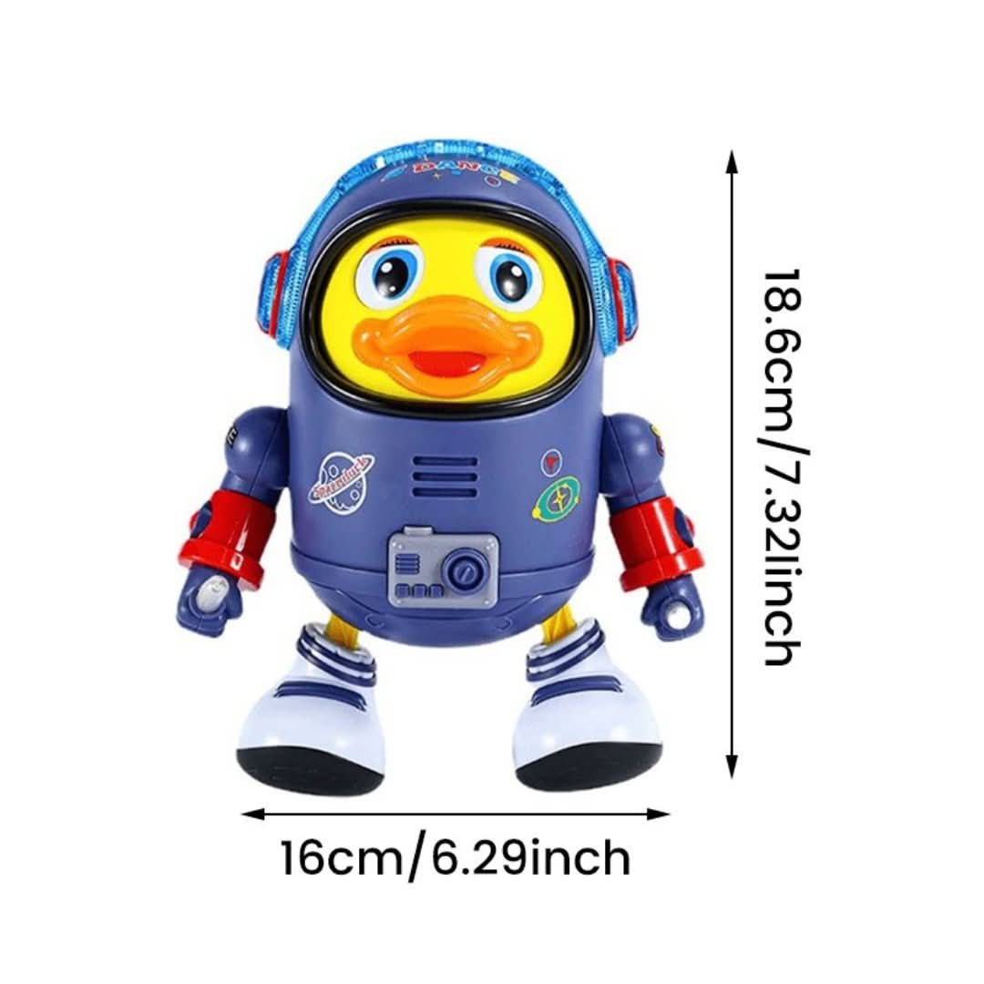 Educational sensory dancing duck toy, features music, lights & interactive movement for toddlers.