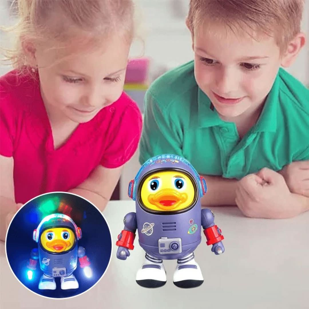 Children's interactive dancing duck toy, combines music, colorful lights & dynamic movement for play.