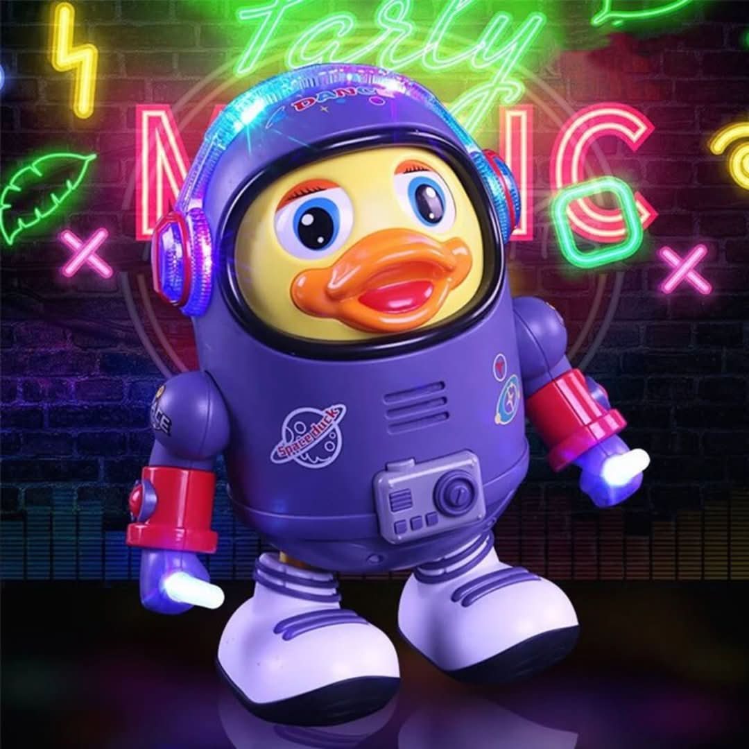 Light-up musical dancing duck toy for kids, an interactive plastic toy promoting children's play.