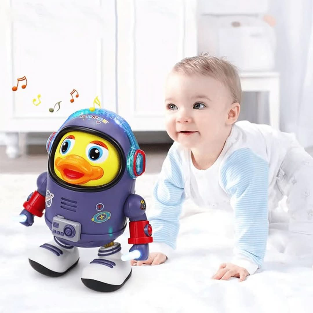 Interactive dancing duck toy with music & lights for children. Engaging sensory play for toddlers.