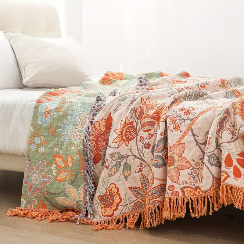 Soft boho floral cotton throw blanket for bohemian home decor. Rustic decorative accent & cozy gift idea.
