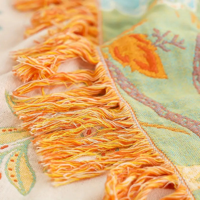 Detailed floral design on a premium cotton throw blanket. Enhances boho & rustic home decor beautifully.