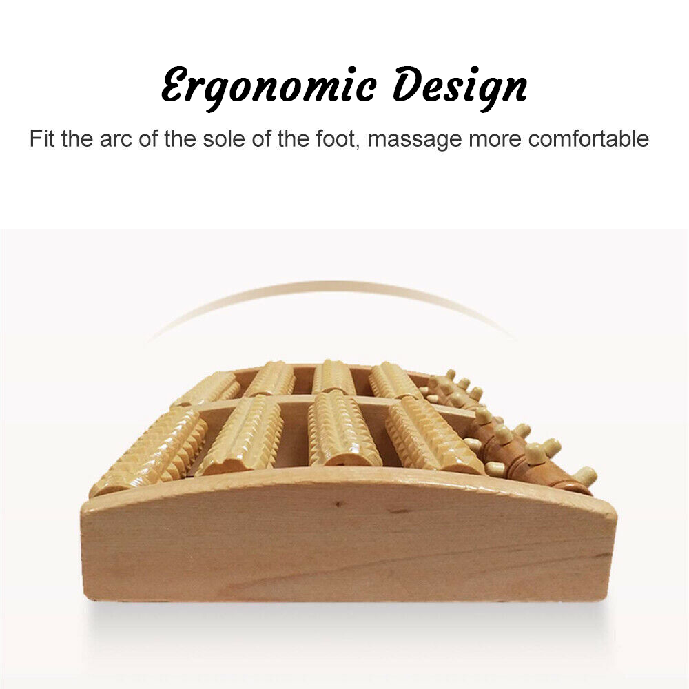 Reflexology wooden foot massager, 5 rollers for plantar fasciitis, acupressure & muscle relaxation.