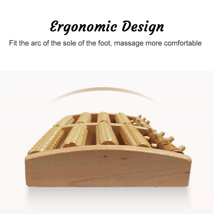Reflexology wooden foot massager, 5 rollers for plantar fasciitis, acupressure & muscle relaxation.