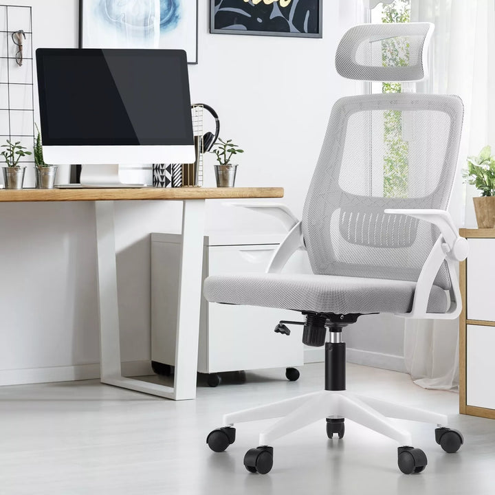Professional mesh computer chair showcasing adjustable height, lumbar support, tilt mechanism, and padded armrests.