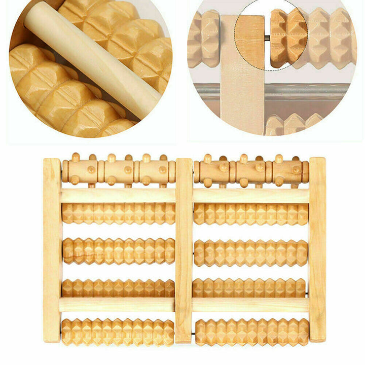Unisex wooden 5-roller foot massager for plantar fasciitis & deep tissue pain relief.