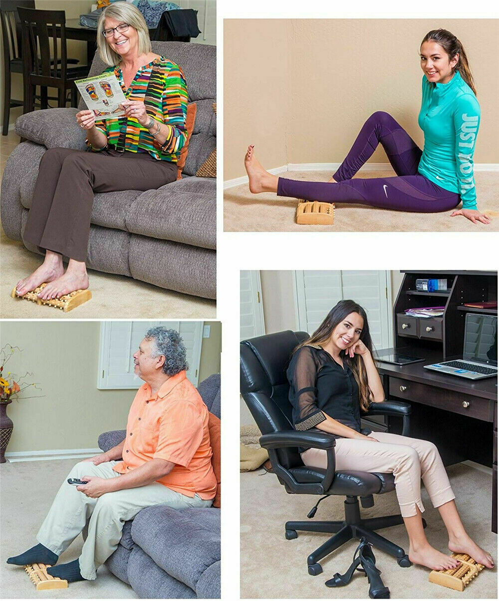 Portable wooden 5-roller foot massager for plantar fasciitis, promoting relaxation & natural pain relief.