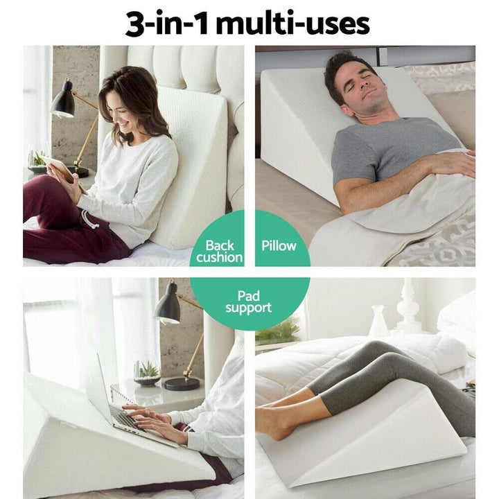 Memory foam bed cushion, ergonomic design, ideal for reading, sleep aid & comfort.