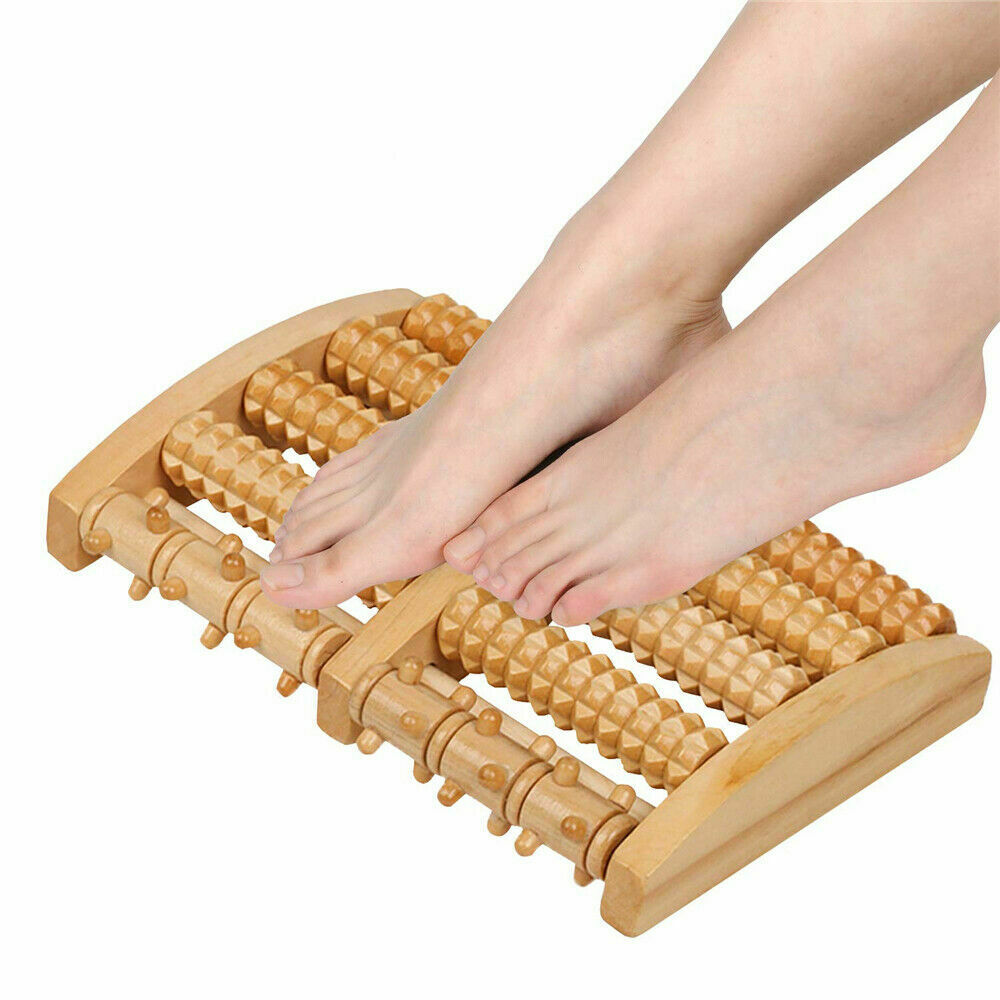 Natural wood foot massager, 5 rollers provide reflexology for sore feet & improved circulation.
