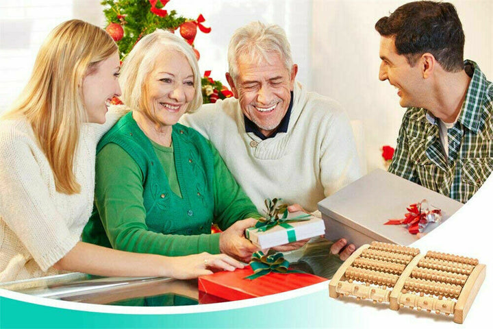 Ergonomic wooden foot massager, 5 rollers for plantar fasciitis, deep tissue, and soothing sore feet.