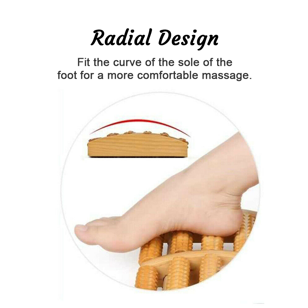 Compact wooden 5-roller foot massager, perfect for deep tissue relief of sore feet & circulation.