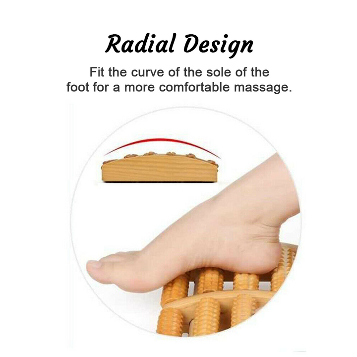 Compact wooden 5-roller foot massager, perfect for deep tissue relief of sore feet & circulation.