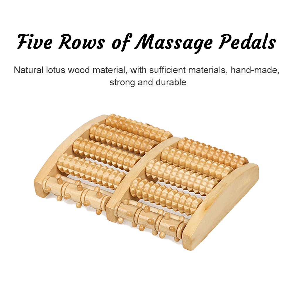 Wooden 5-roller foot massager for plantar fasciitis, heel pain & acupressure relief.