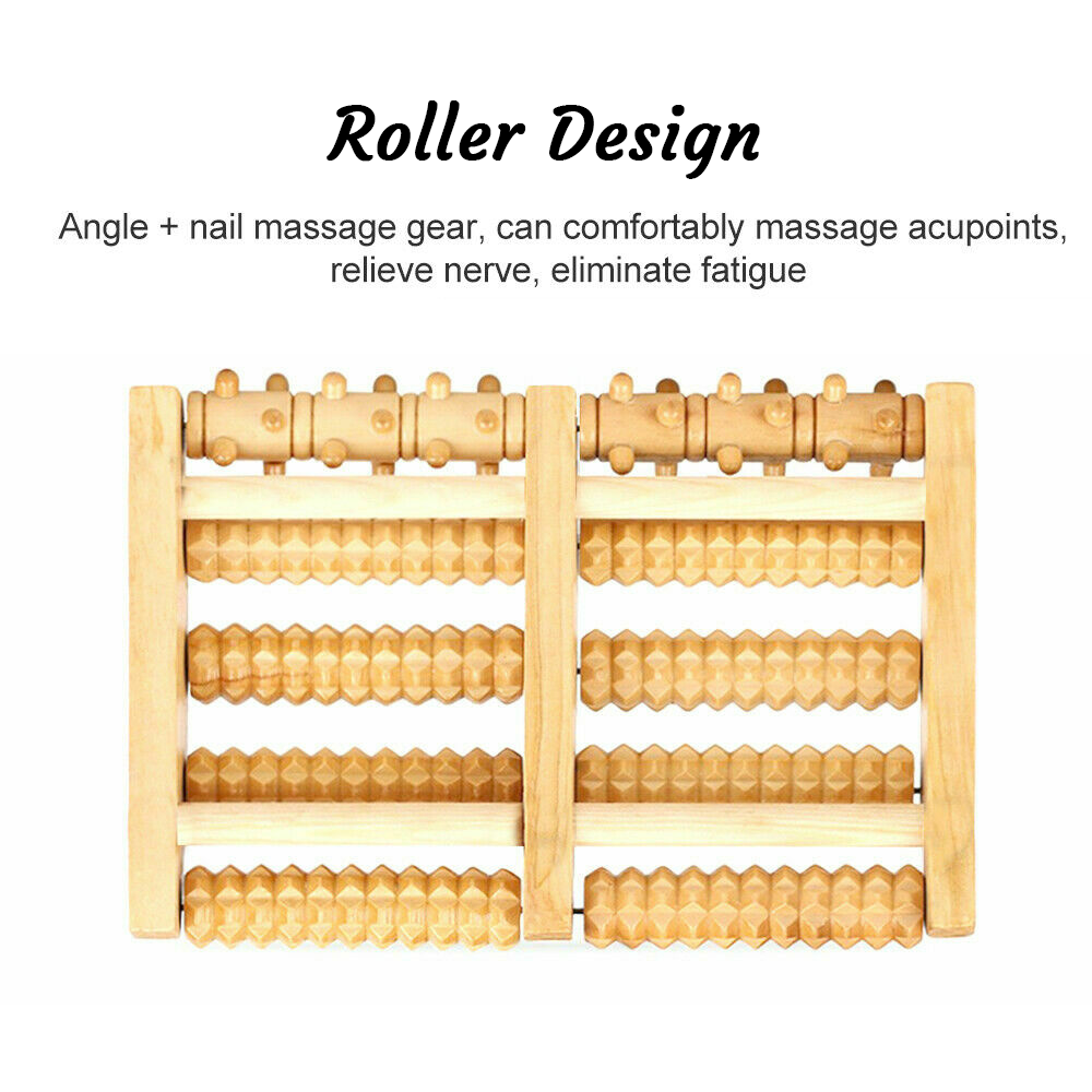 Eco-friendly wooden foot massager with 5 rollers for deep tissue, stress, and chronic foot pain relief.