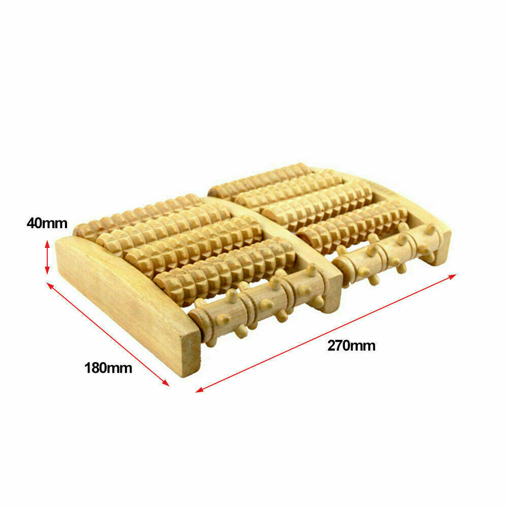 Sustainable wooden 5-roller massager for foot pain relief, improving circulation & reducing stress.