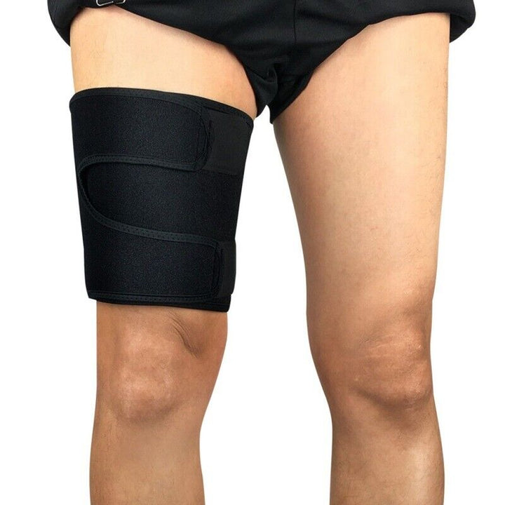 Elastic thigh compression sleeve providing targeted support for leg pain relief & circulation.