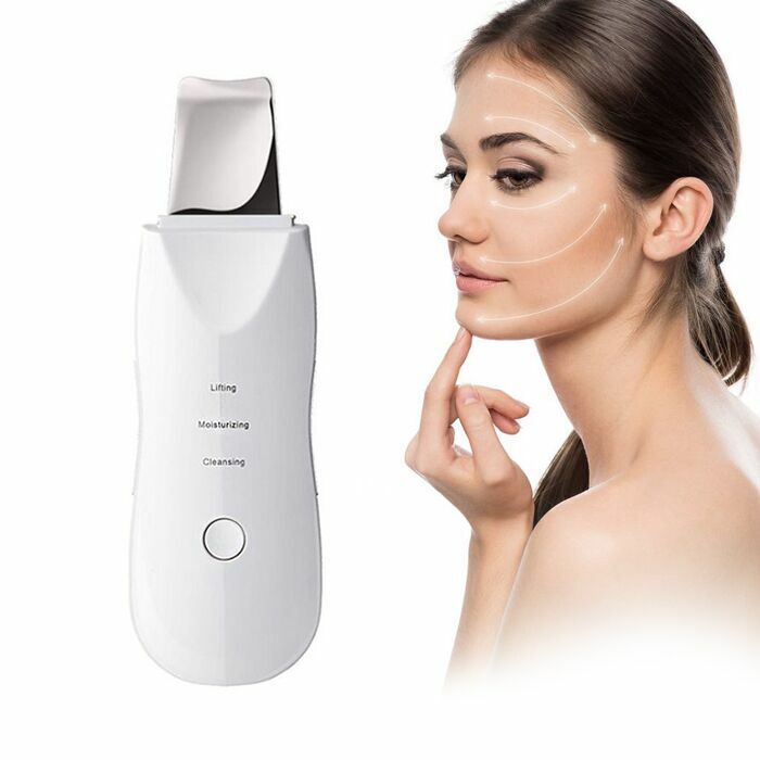 Unisex ultrasonic facial skin scrubber for deep pore cleansing & exfoliation, promoting clearer skin.