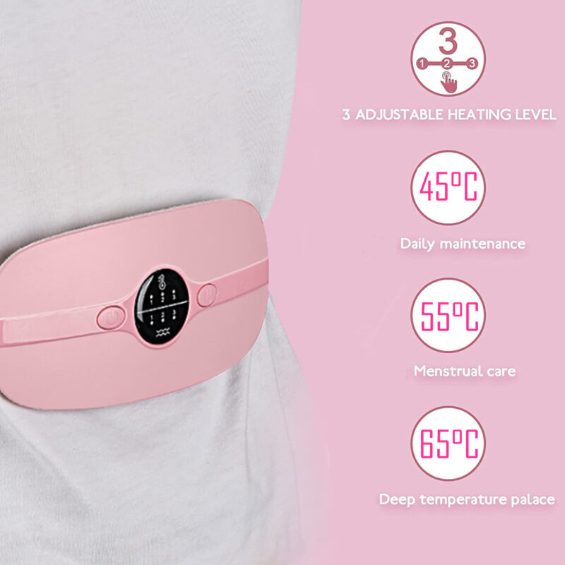 Rechargeable cordless heat therapy belt for soothing muscle stiffness and menstrual cramps.