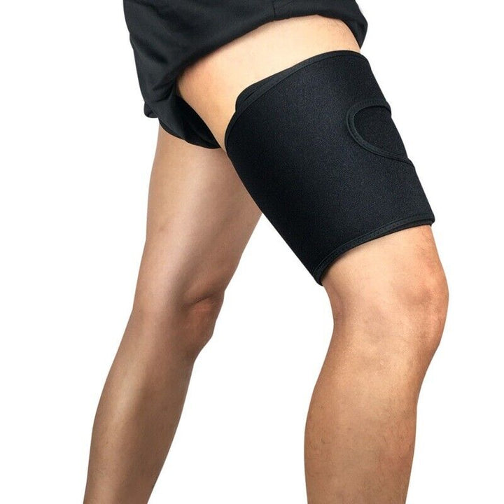 Unisex adjustable thigh compression wrap for targeted muscle support & pain relief.