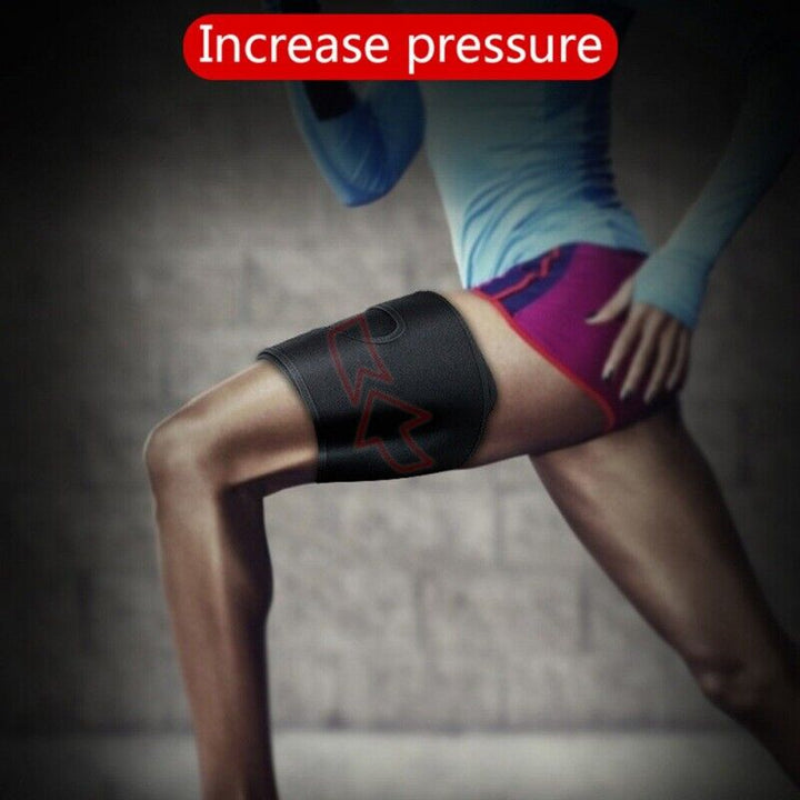 Close-up of flexible neoprene thigh compression wrap, showing adjustable straps for secure fit.