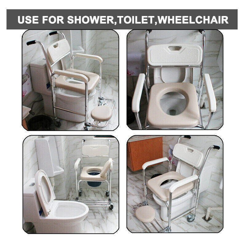 Senior care shower commode chair with locking wheels for safe transfers and independent living.
