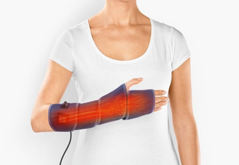 Adjustable heated wrist and arm support wrap providing soothing heat therapy for pain and muscle relief.