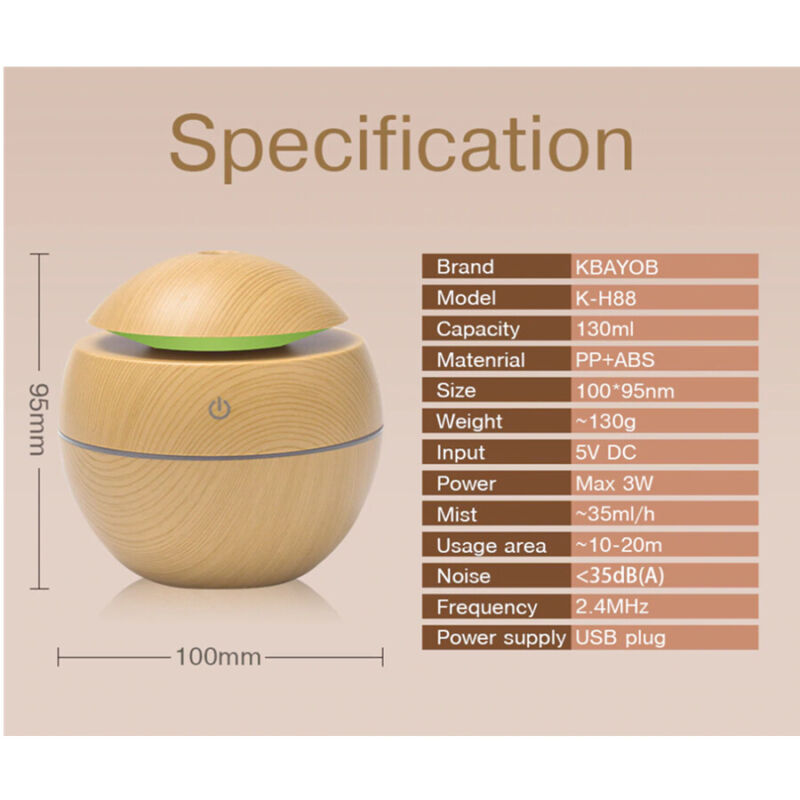 Ultrasonic mini wood grain diffuser gently disperses essential oils for soothing aromatherapy.