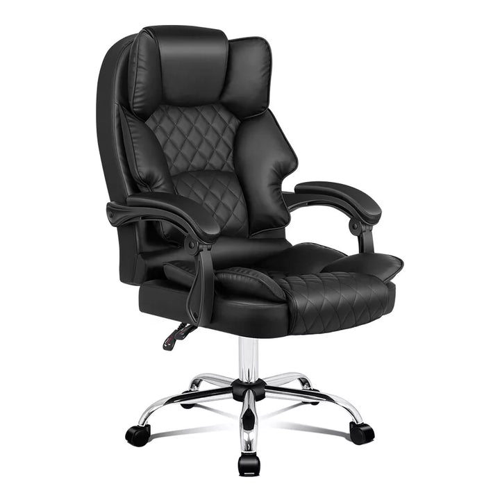 Full view of the ergonomic executive black leather recliner office chair, a perfect luxury desk solution.