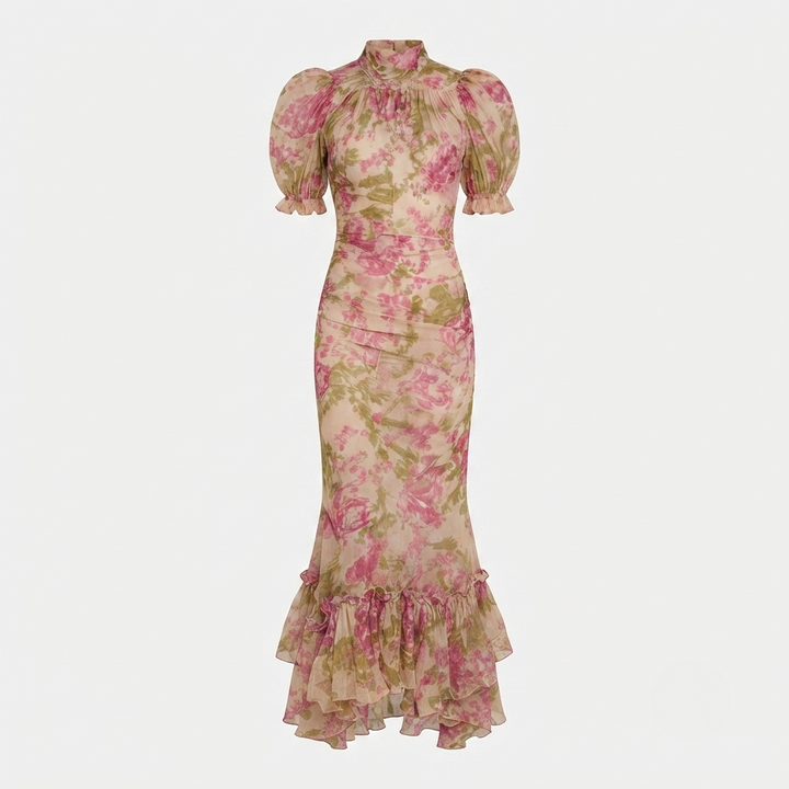 Floral print mermaid maxi dress featuring puff sleeves, mock neck, and flowy ruffle hem for women.
